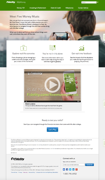 Fidelity Investments Landing Page for Five Money Musts Game