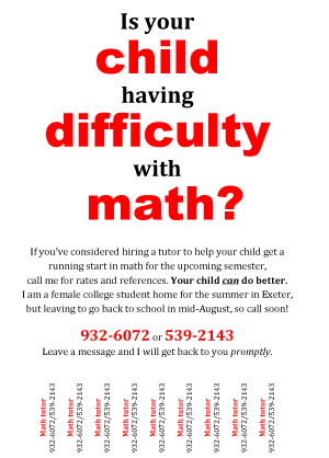 Poster for math tutor to be placed on a library bulletin board